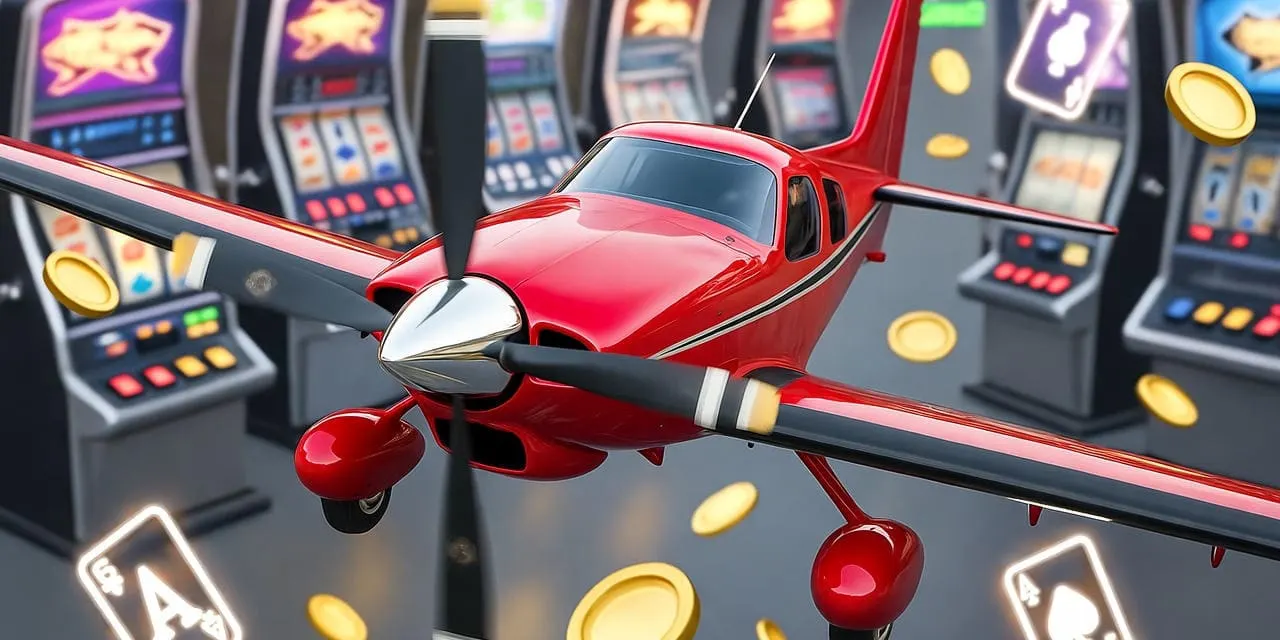 Red airplane flying close to casino slot machines with golden coins spinning in the air